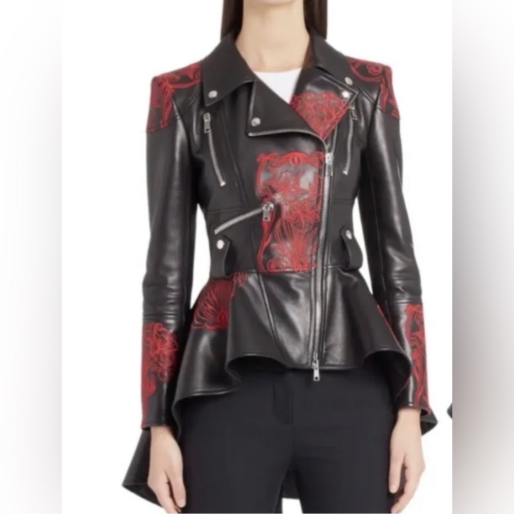 Alexander McQueen Zip Front Embroidered Peplum Leather Moto Jacket, Black, IT38